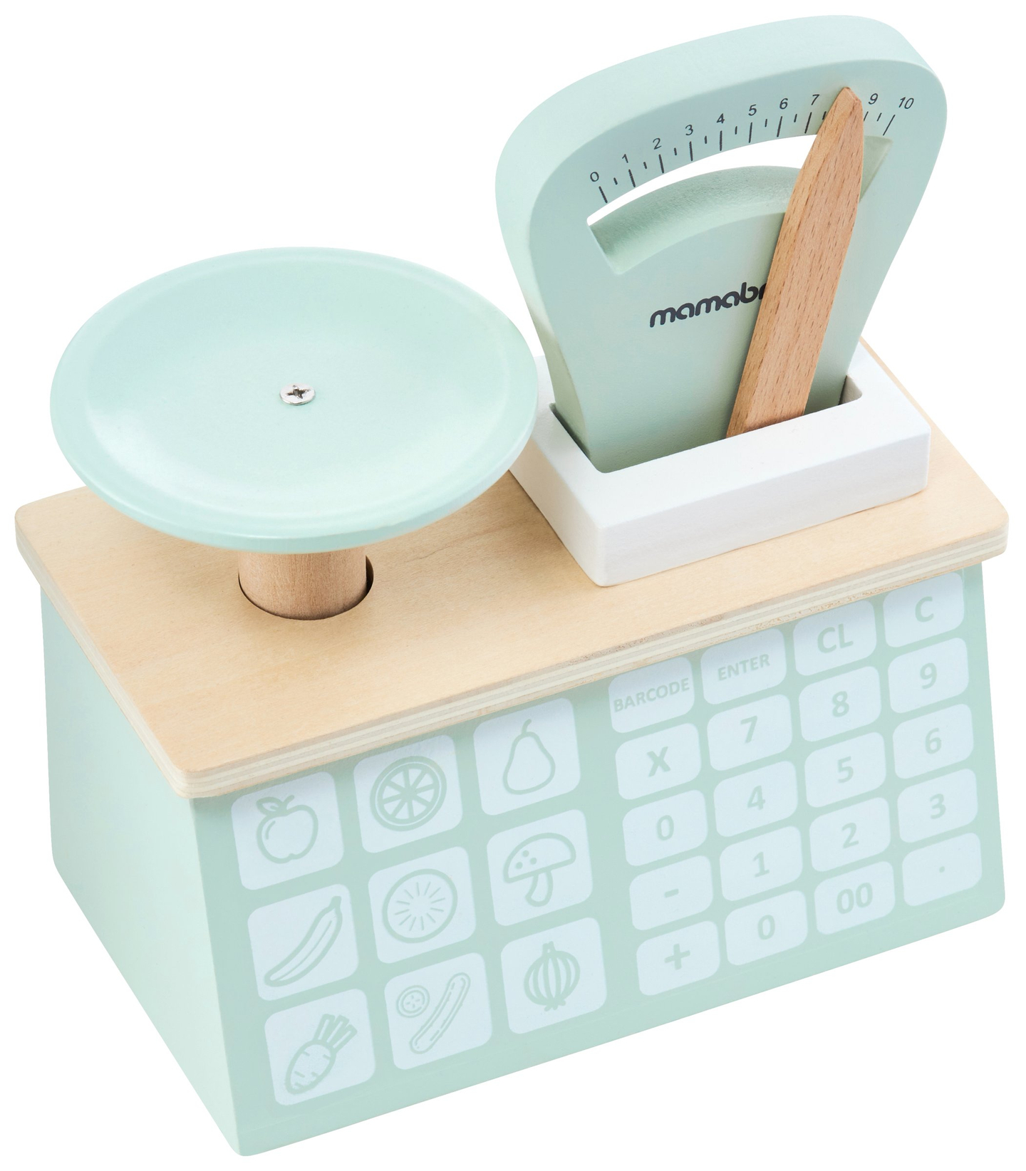 Suuri puukauppa - koju ja teatteri 2 in 1, jossa on vaaka, maksupääte, hedelmiä ja vihanneksia