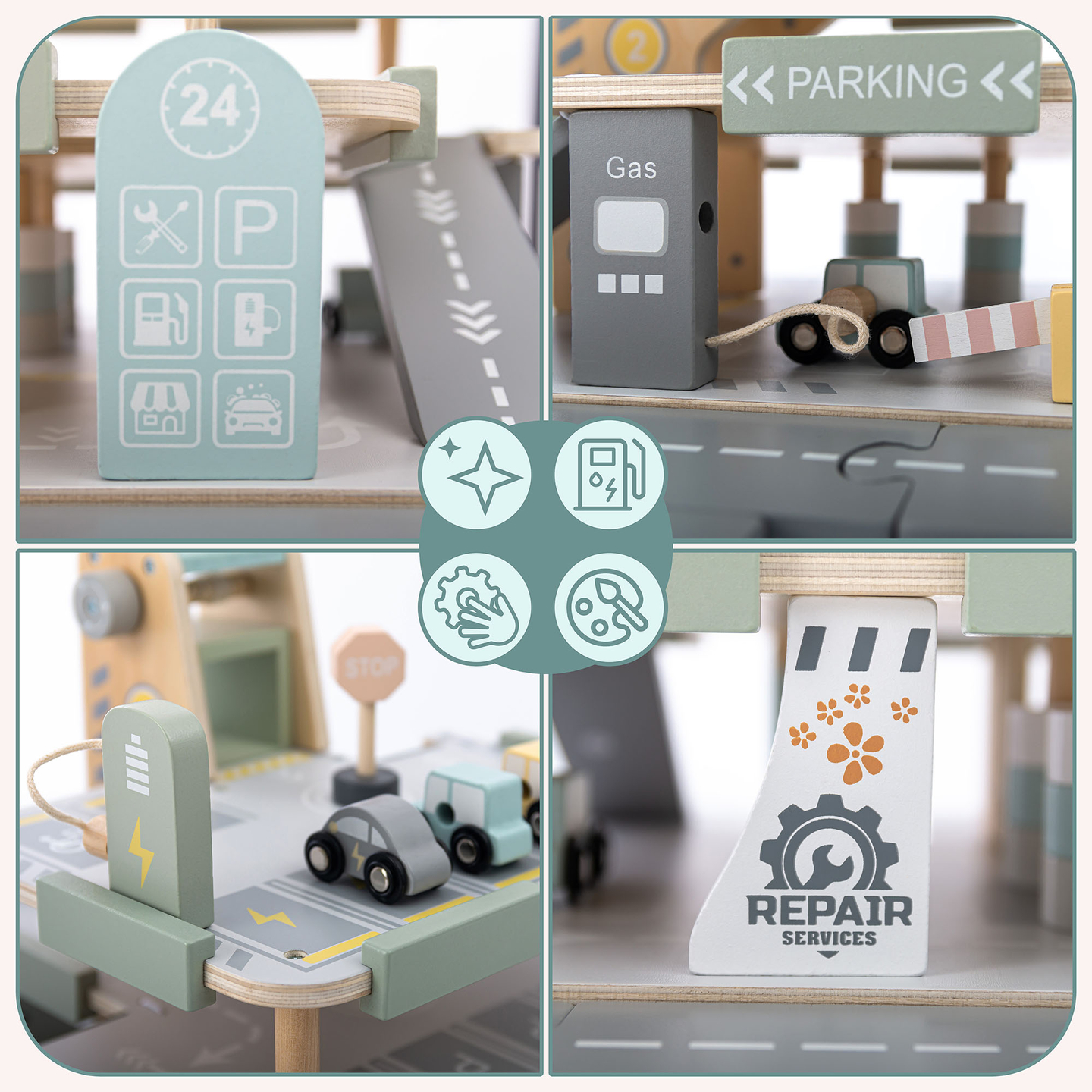 Puinen, kolmikerroksinen lasten autotalli varusteineen – pysäköintialue, huoltoasema, autopesula, helikopteri