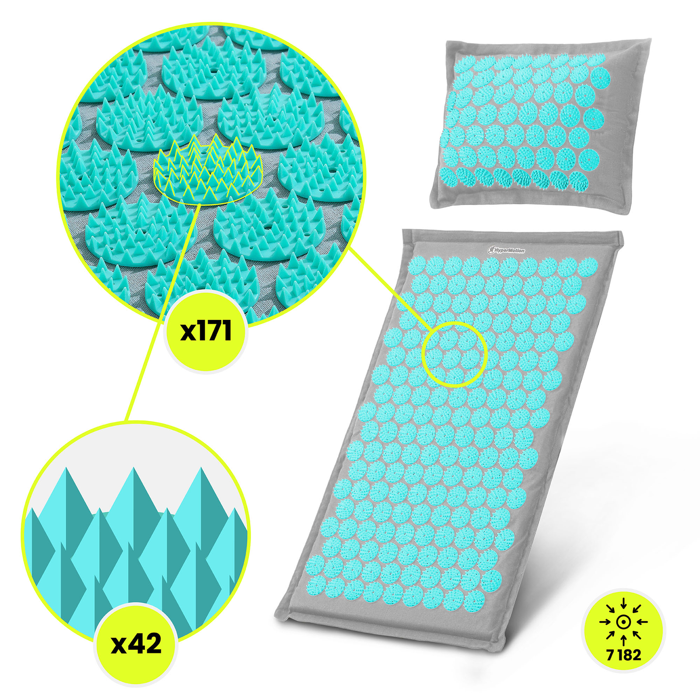 ECO-pellava-akupunktiomatto kookoskuidulla ja tattarityynyllä – 68 cm HyperMotion harmaa-minttu