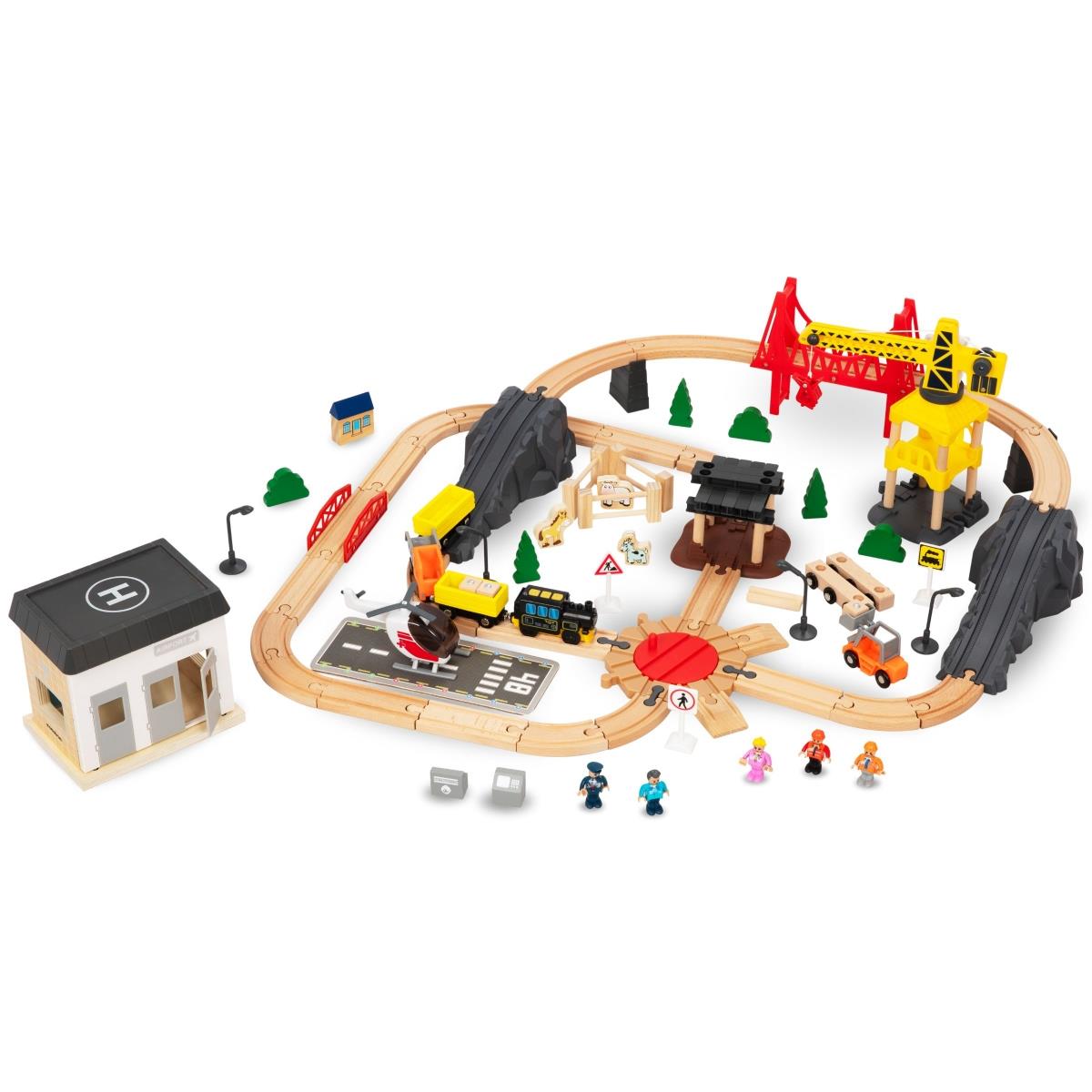 Puinen rautatie, akkujuna - Kaupunki: raiteet, autot, silta, lentokenttä