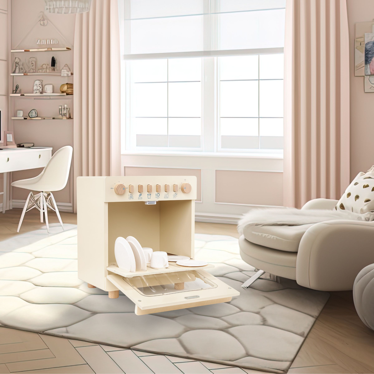 Puinen astianpesukone tarvikkeineen