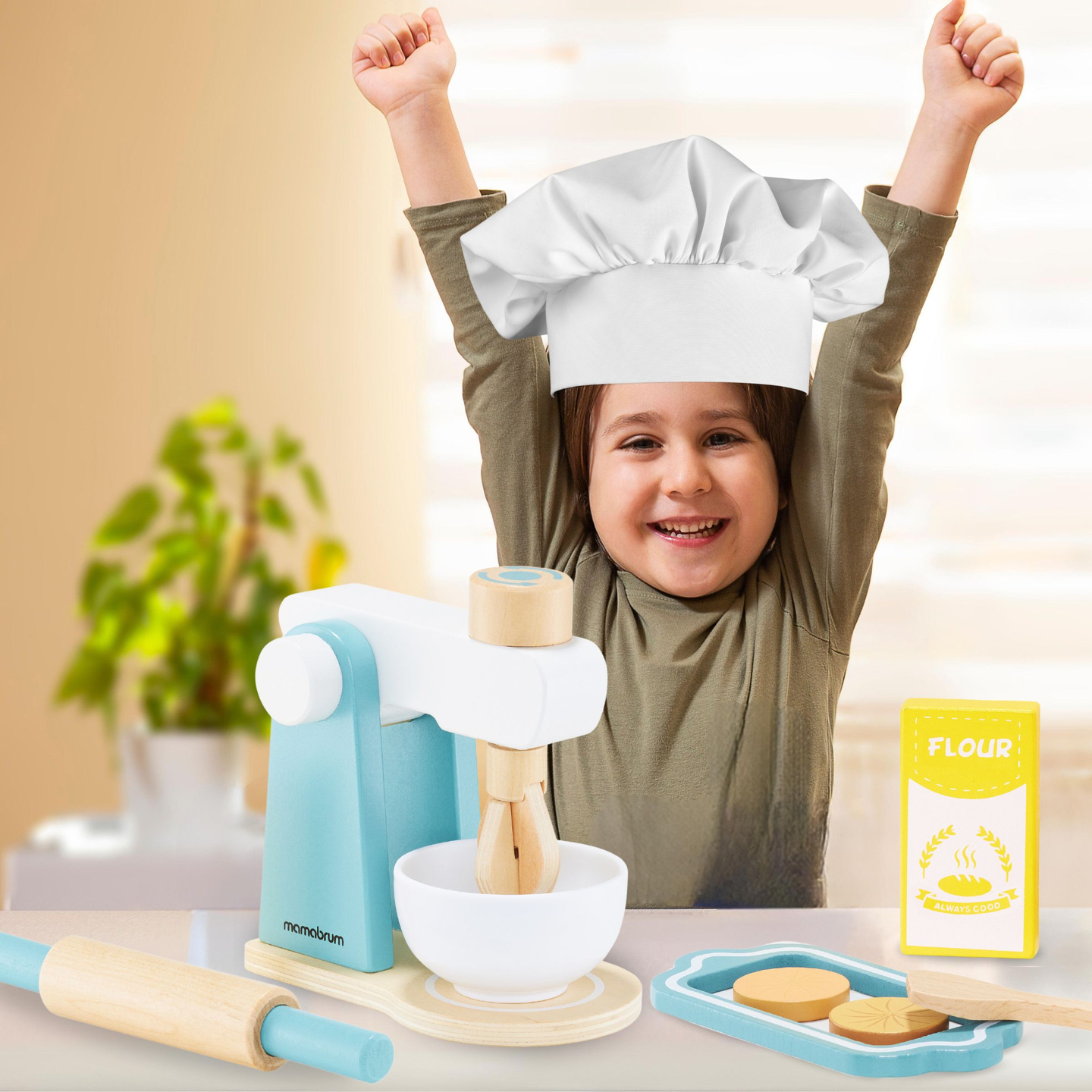 Puinen sekoitin lisävarusteineen