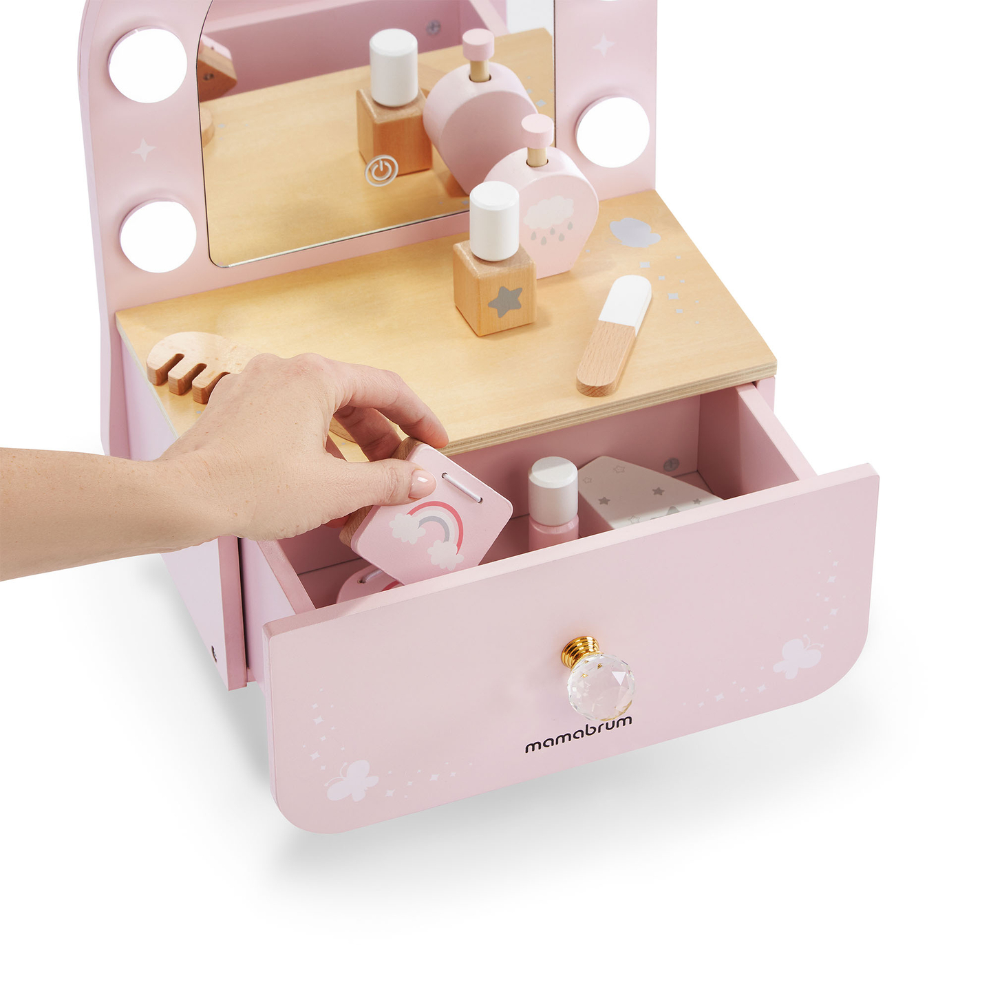 Puinen minimeikkipöytä lapsille, jossa on asusteita ja LED-valaistus, jossa on portaaton kirkkauden säätö