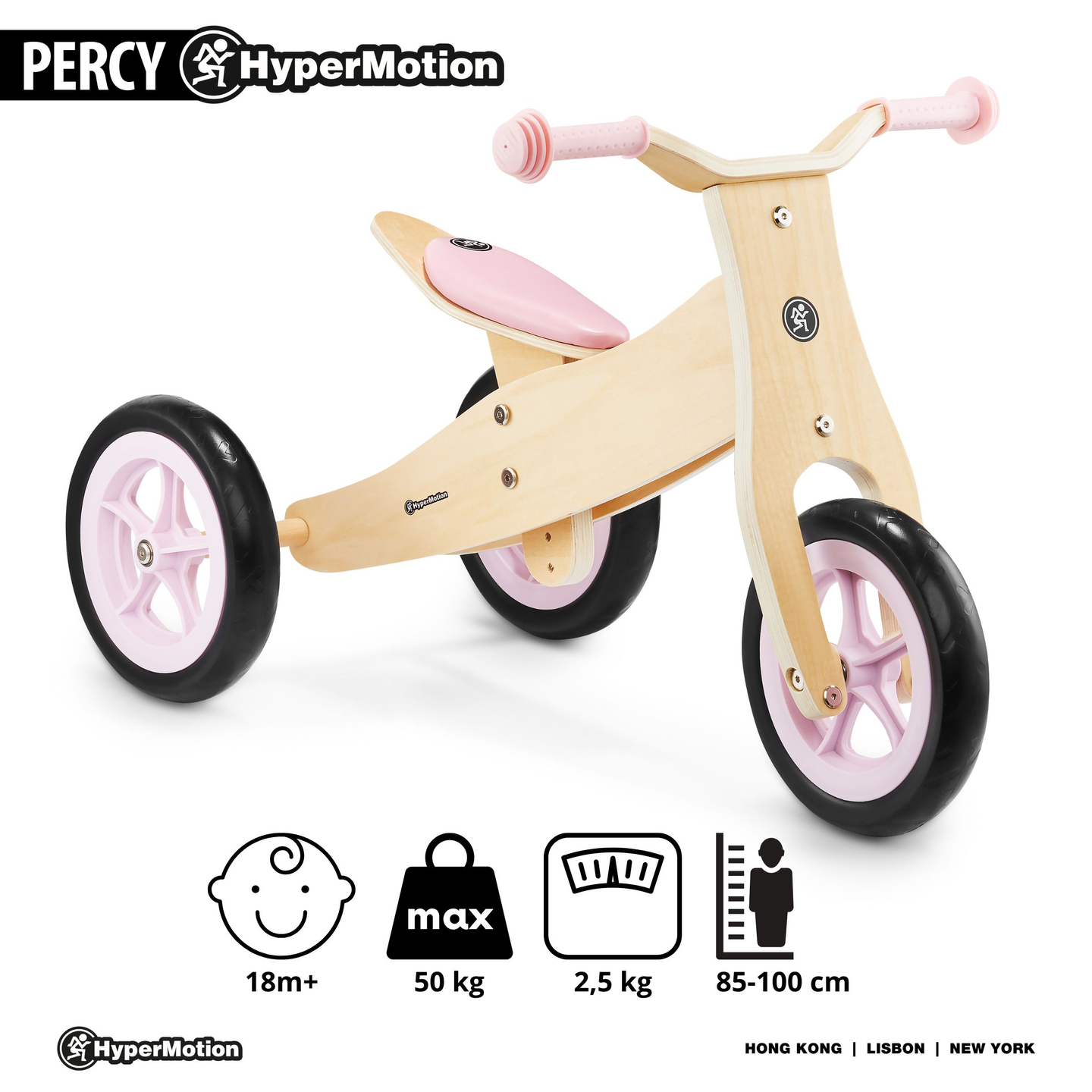 Puinen kolmipyörä ja tasapainopyörä 2in1 - HyperMotion PERCY - pinkki