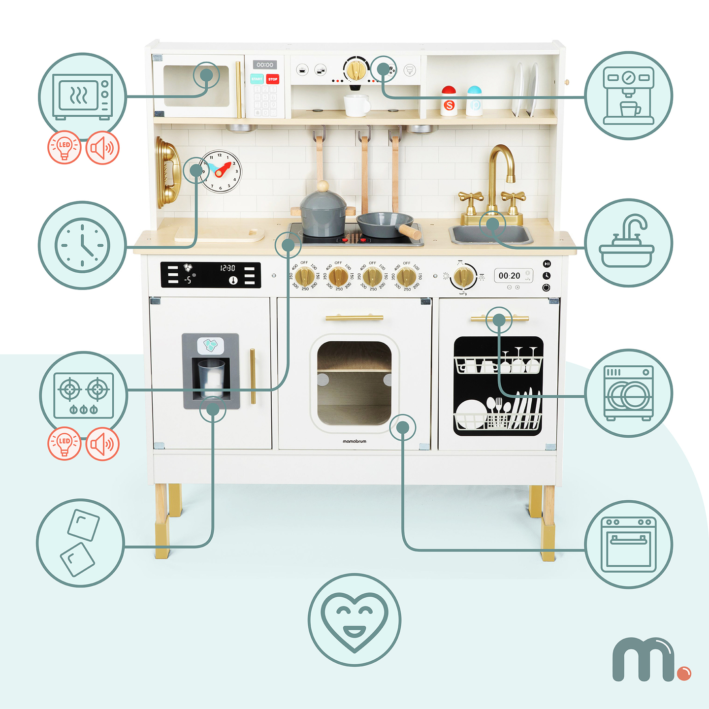 Interaktiivinen XXL-puinen keittiö lisävarusteilla ja LED-valaistuksella - kaksitasoinen
