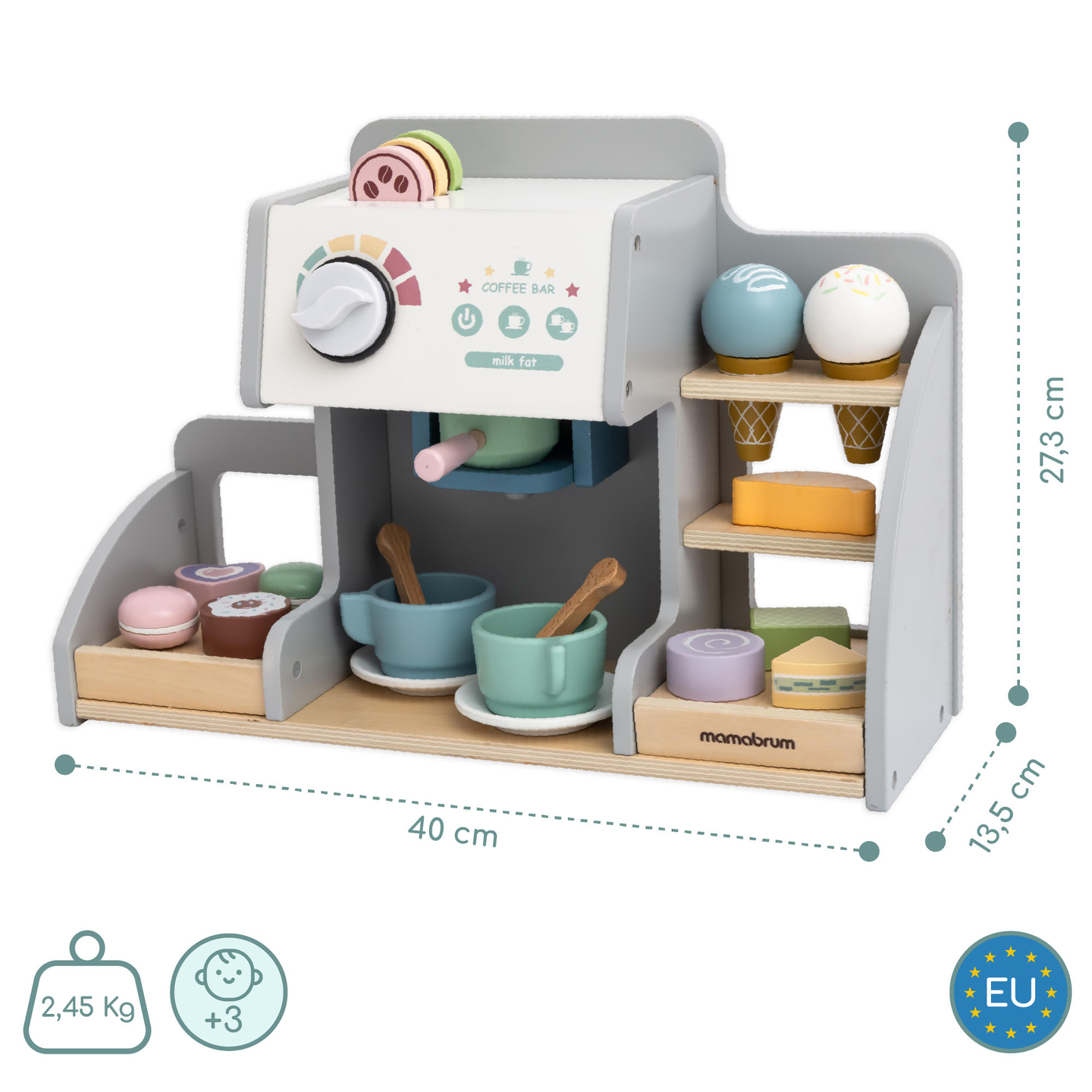 Suuri puinen jäätelöbaari, jossa on magneettitaulu, kahvinkeitin sekä jäätelö- ja jälkiruokasetti - yli 70 palaa!