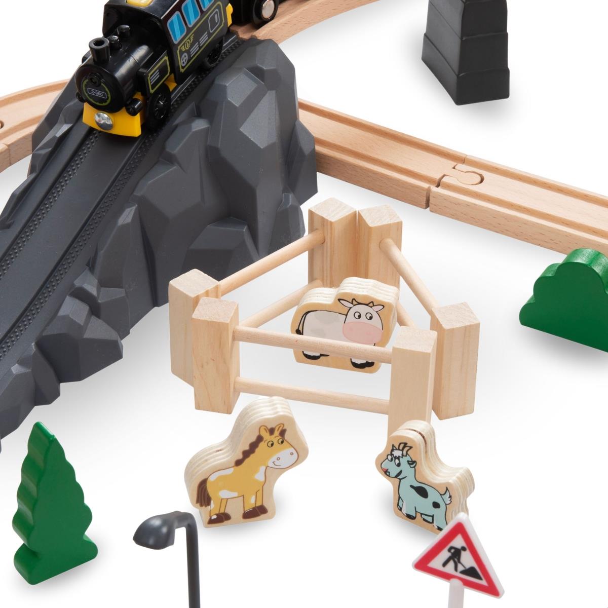 Puinen rautatie, akkujuna - Kaupunki: raiteet, autot, silta, lentokenttä