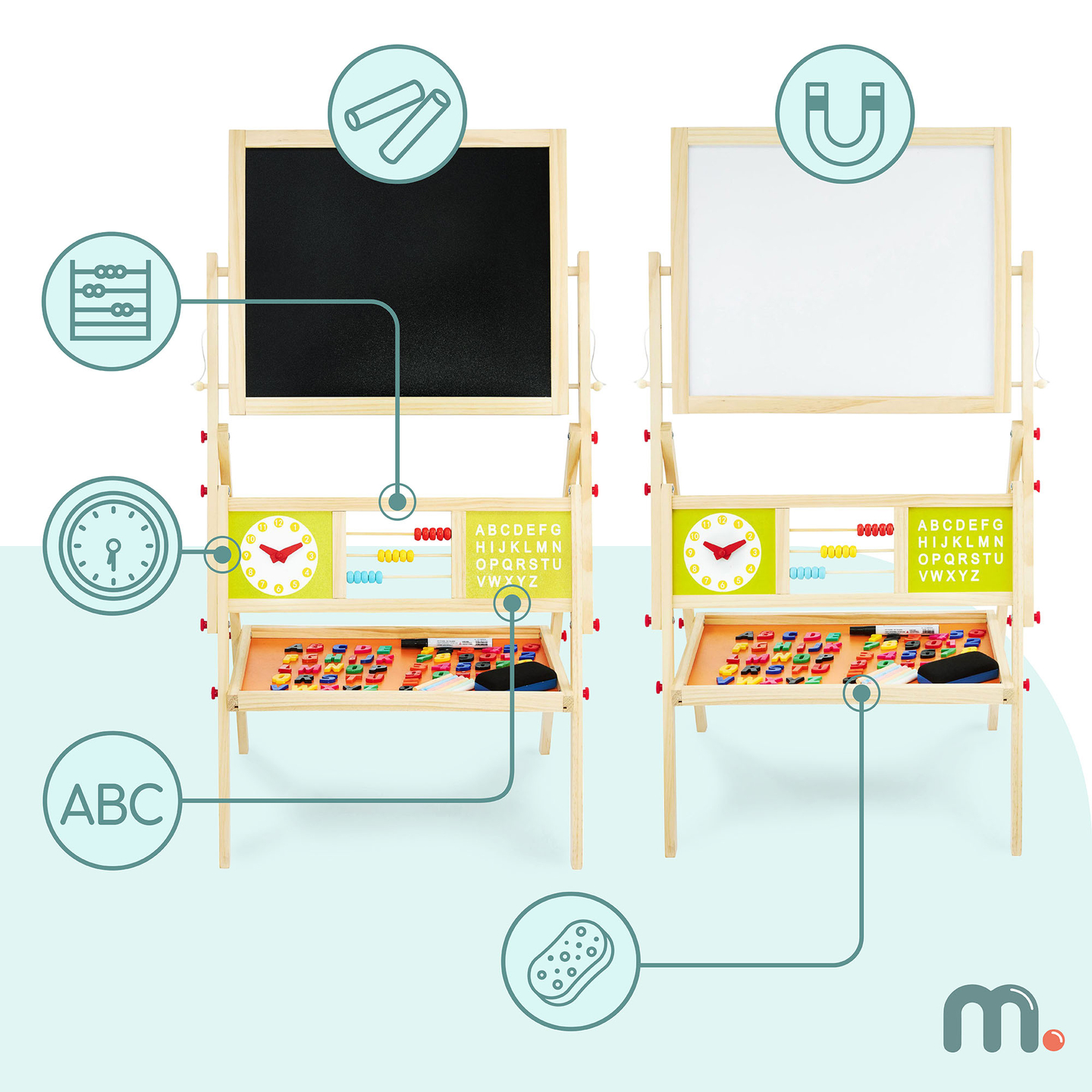 Suuri kaksipuolinen opettavainen taulu: magneettinen ja liitutaulu - kuivapyyhintätaulu, puinen