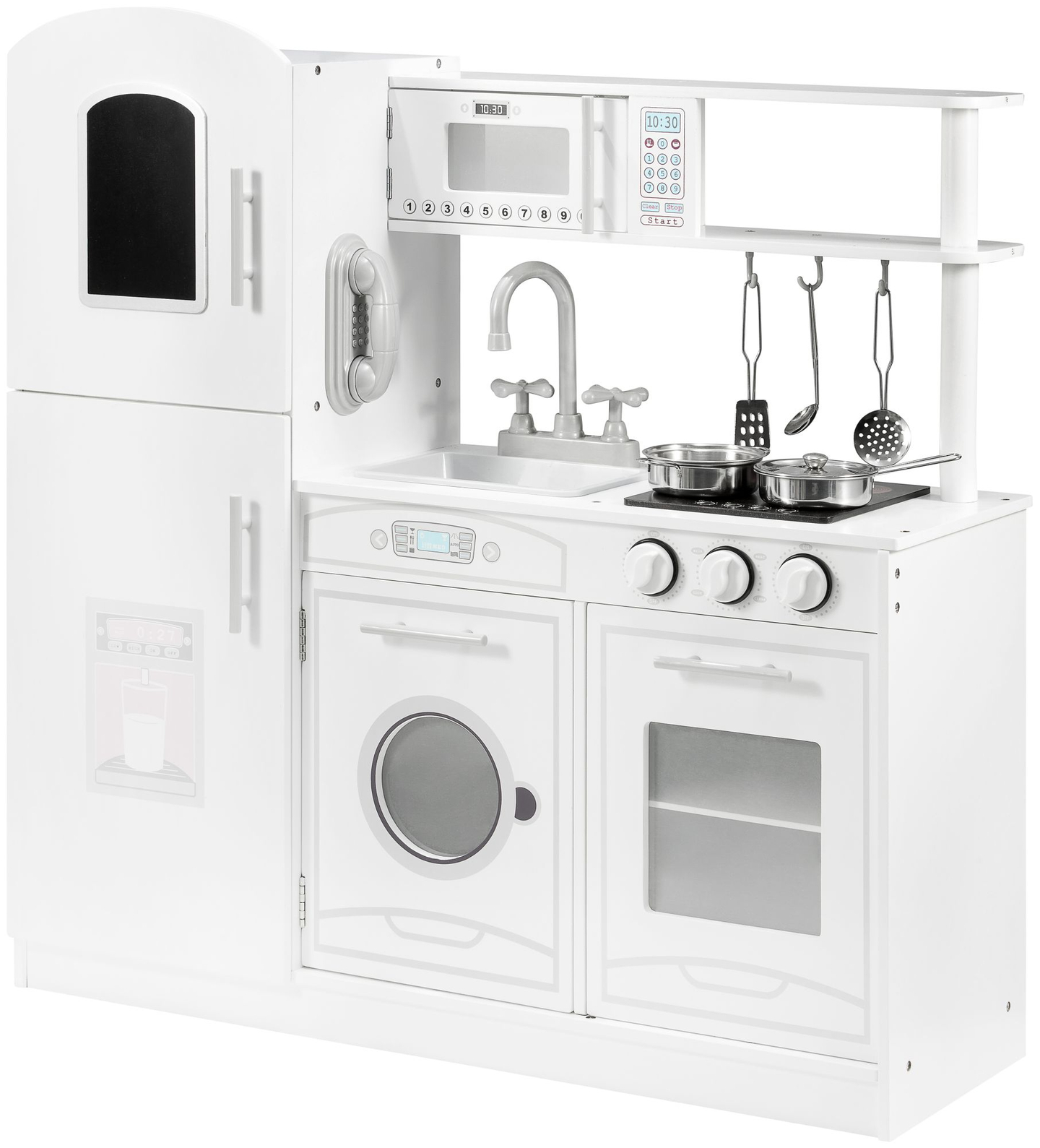 Suuret puiset valkoiset keittiötarvikkeet ja esiliina