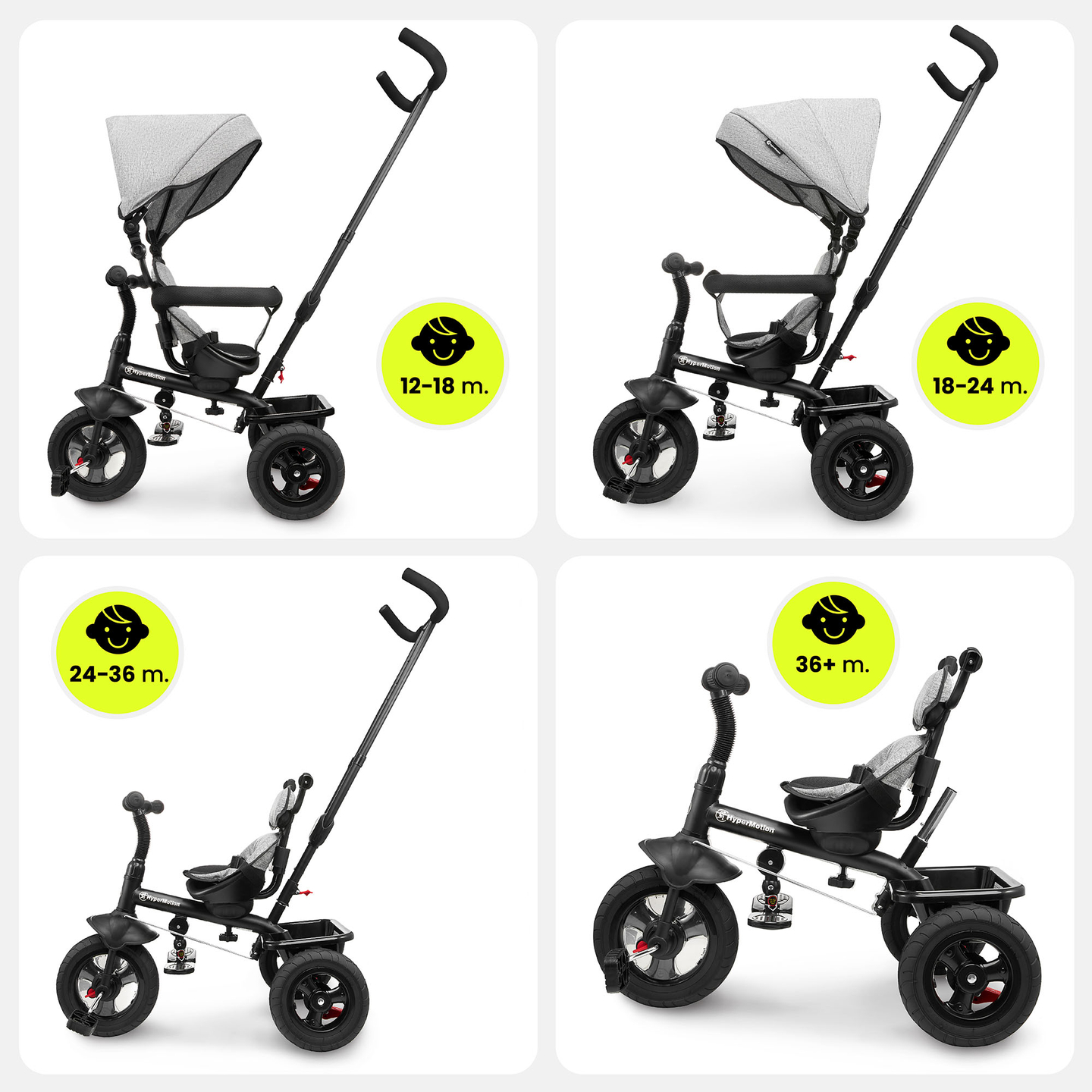 Kolmipyörä 1-4-vuotiaille lapsille - TOBI FREY - harmaa väri - kääntyvä - pumpatut pyörät + työntöaisa