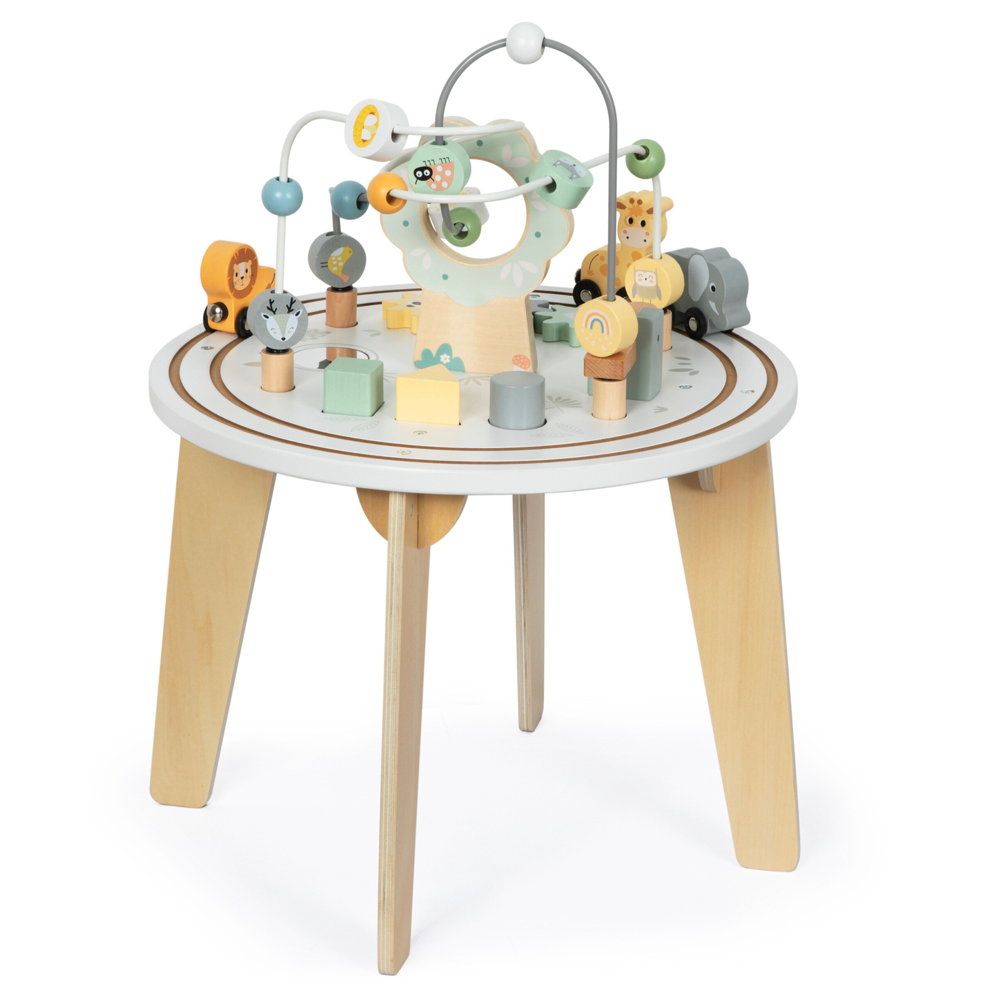 Puinen pyöreä opetuspöytä magneettijunalla ja helmenheittimellä