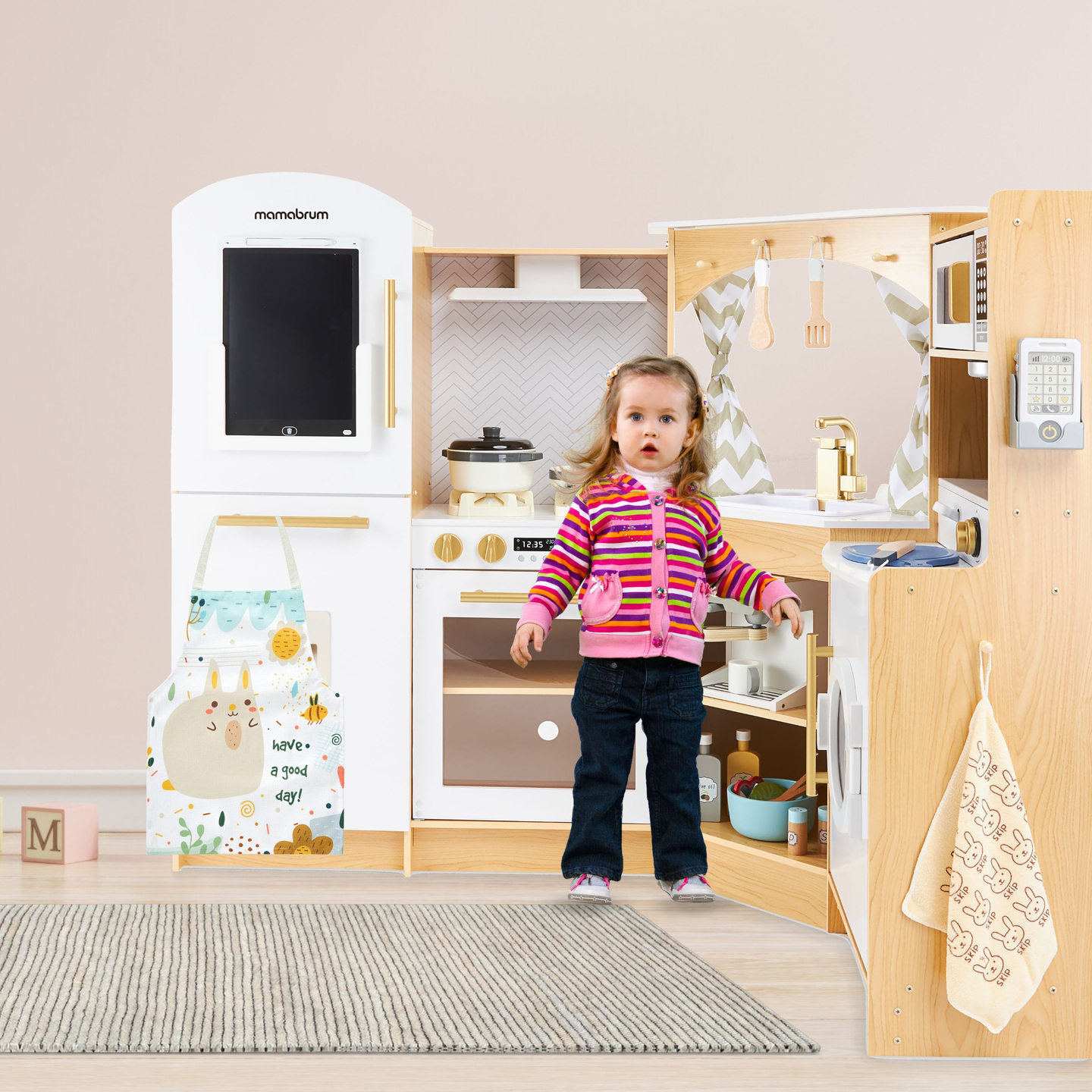 XXXXL suuri puinen interaktiivinen keittiö, jossa on LED-valaistus, pesukone, mikroaaltouuni, kahvinkeitin sekä hedelmä- ja vihannesvalikoima - 50 elementtiä