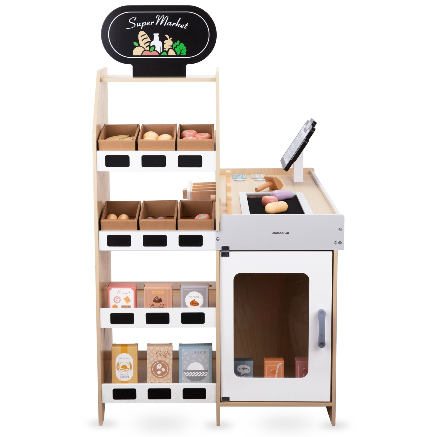 Puinen vihannesmarkkinat - suuri XXL-koju, myymälä, jossa on leikkikassakone