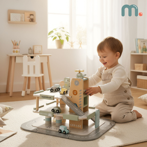 Puinen, kolmikerroksinen lasten autotalli varusteineen – pysäköintialue, huoltoasema, autopesula, helikopteri