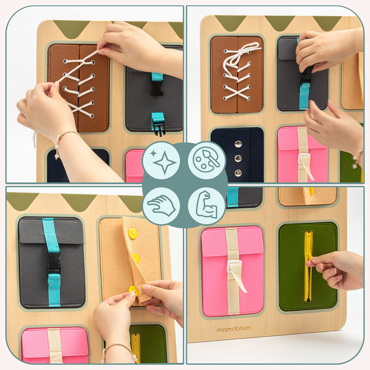 Puinen Montessori-manipulaatiolauta – Aistillinen itsenäisyyden oppiminen - nauhat, soljet, napit, nepparit, vetoketju