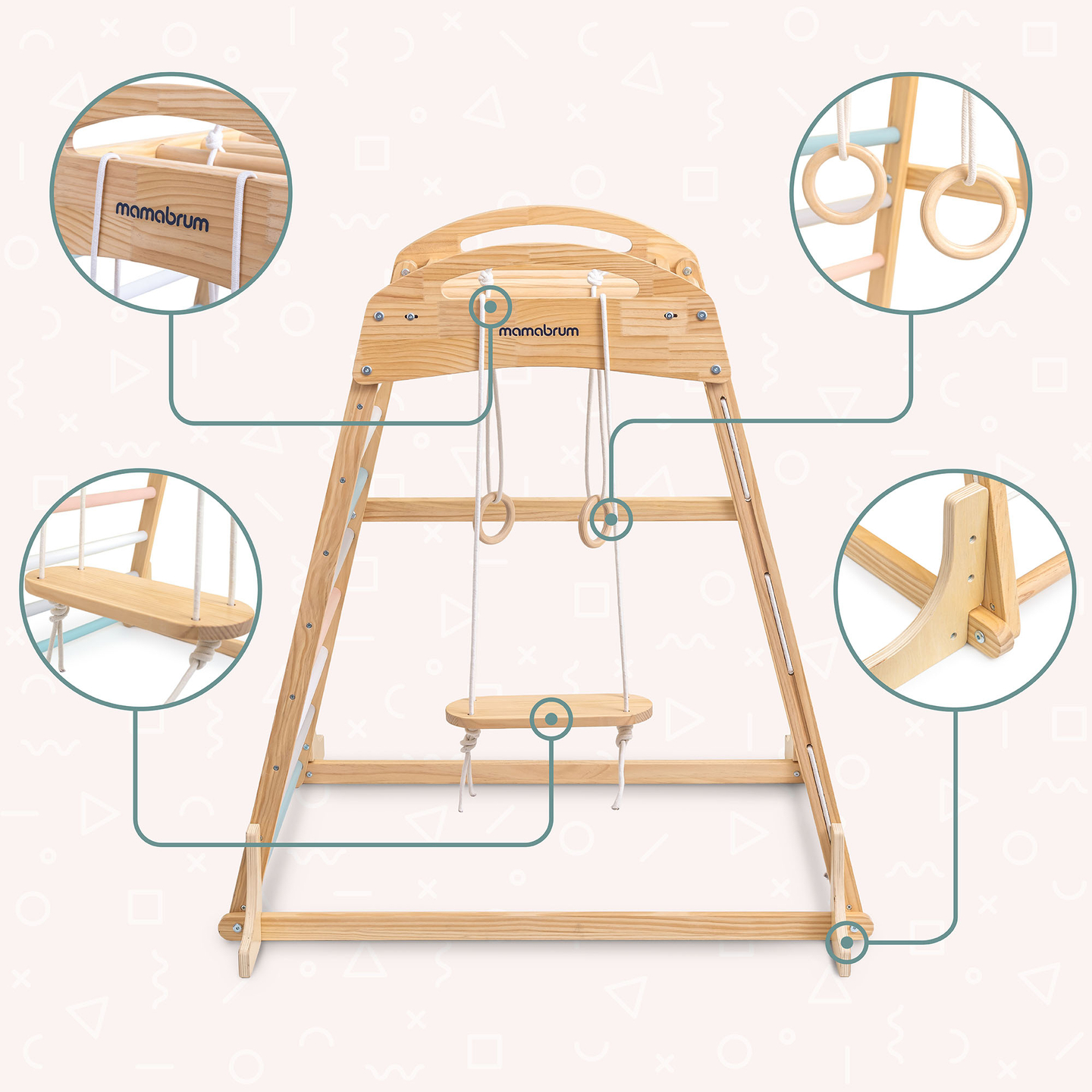 Puinen sisäleikkipuisto, jossa on keinu, voimistelurenkaat ja kiipeilyverkko