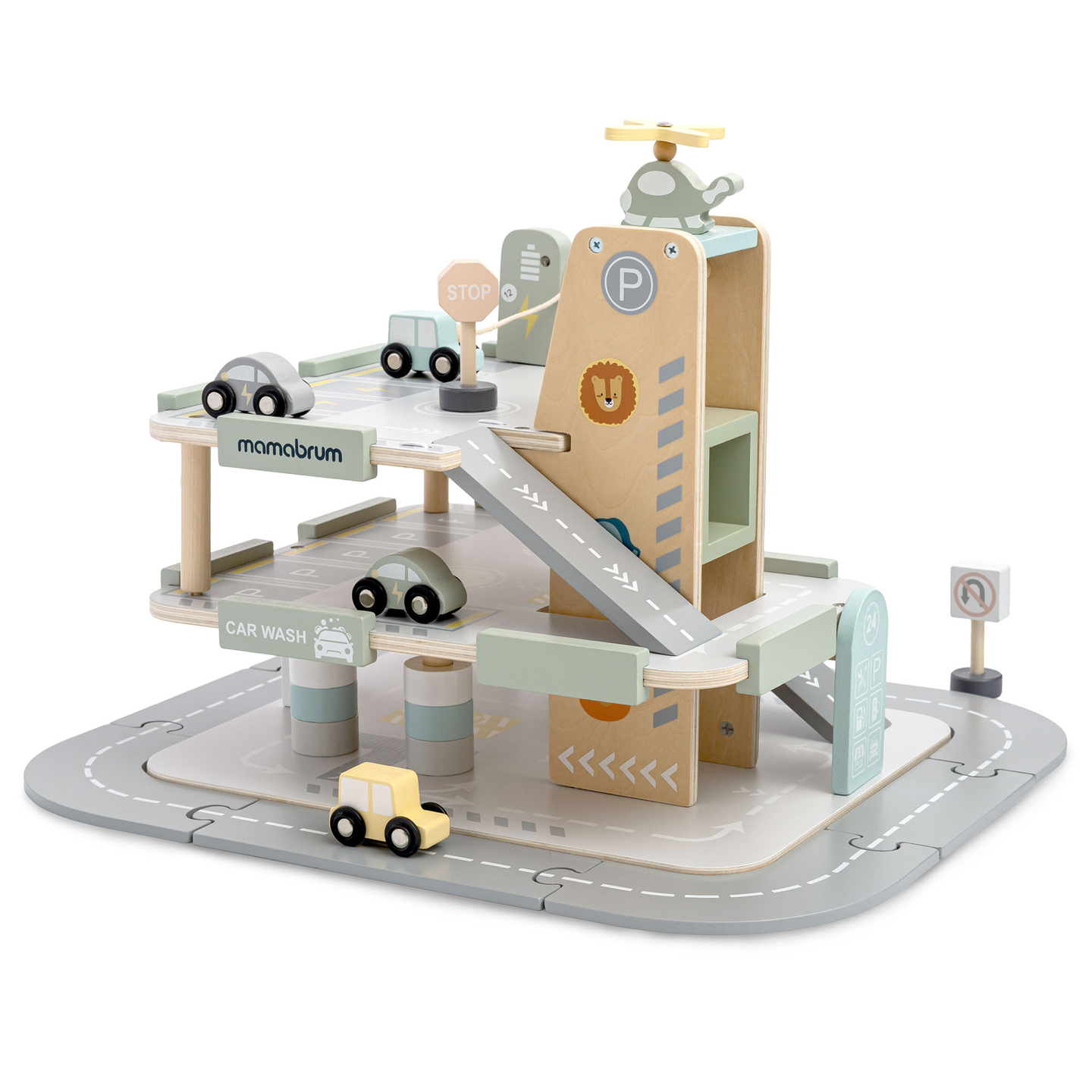 Puinen, kolmikerroksinen lasten autotalli varusteineen – pysäköintialue, huoltoasema, autopesula, helikopteri