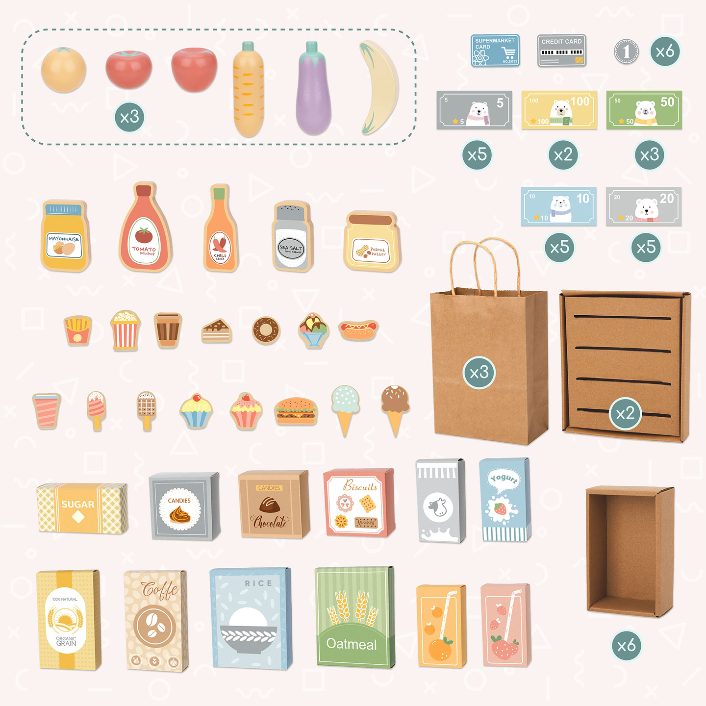 Suuri puinen lastenkauppa liitutaululla - 91 osaa shoppailun iloon!