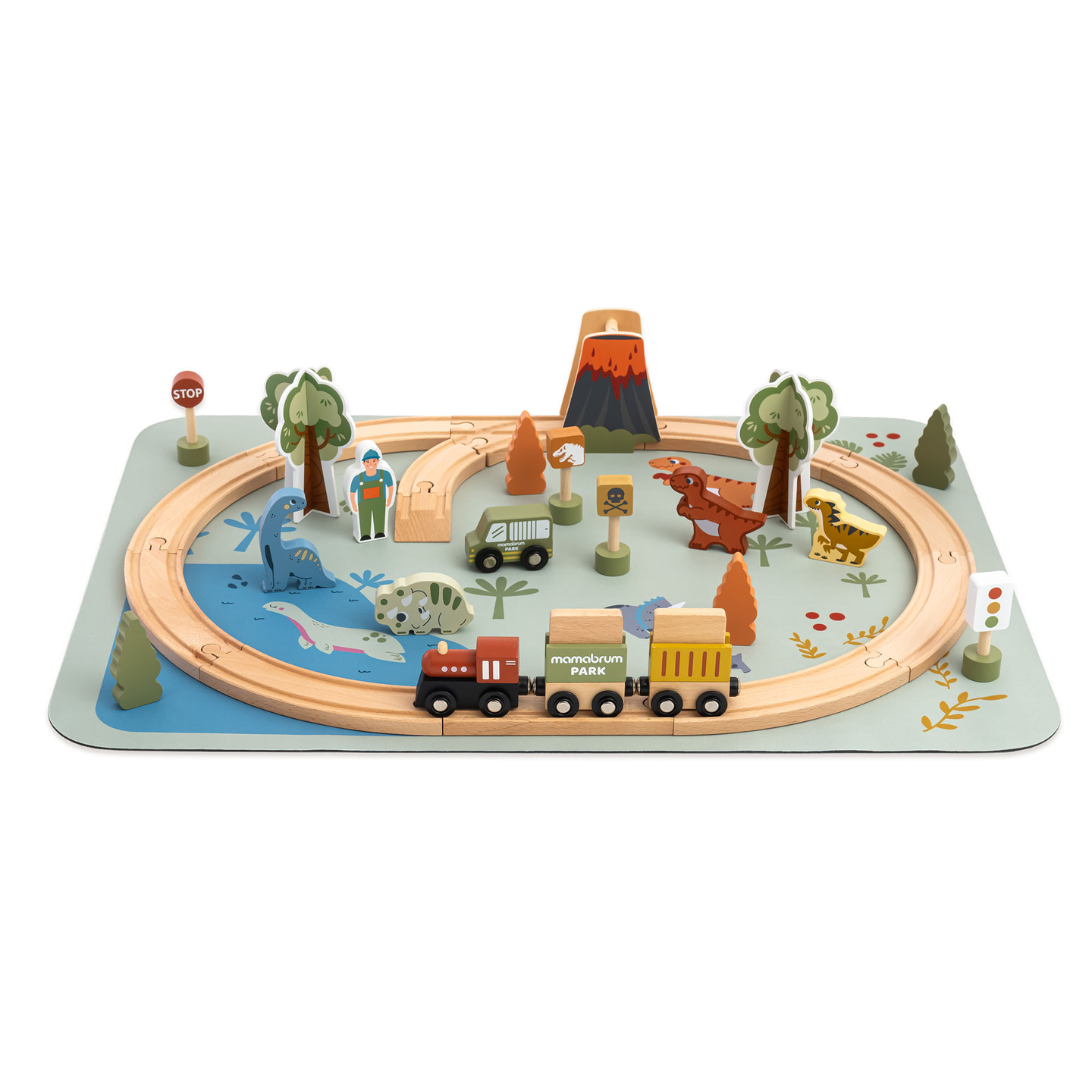 Dino Park puinen juna liukumattomalla matolla - dinosaurukset, juna, raiteet, tulivuori, kello