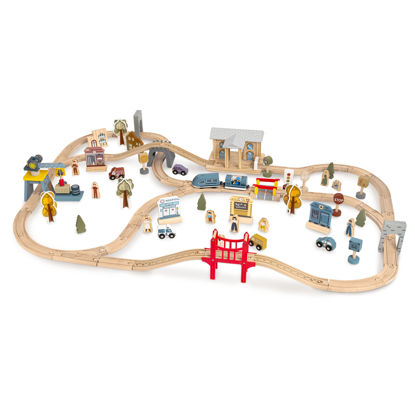 Puinen kaupungin rautatie sähköjunalla - liikkuva nosturi, laiva, sillat