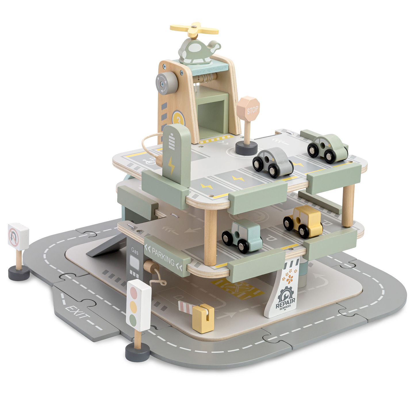 Puinen, kolmikerroksinen lasten autotalli varusteineen – pysäköintialue, huoltoasema, autopesula, helikopteri