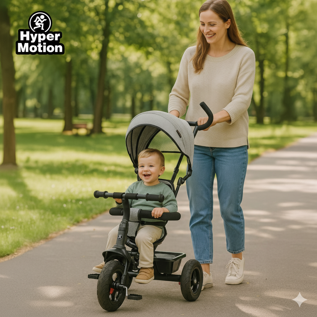 Kolmipyörä 1-4-vuotiaille lapsille - TOBI FREY - harmaa väri - kääntyvä - pumpatut pyörät + työntöaisa