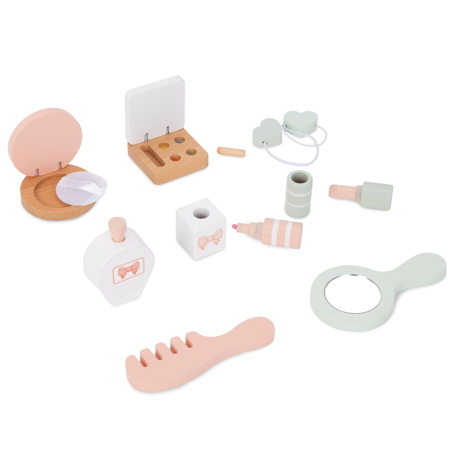 Puinen lasten pukeutumispöytä tarvikkeineen