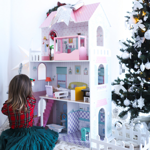 XXL Suurin puinen nukkekoti - 123 cm - LED-valaistu - terassi, tarvikkeet, puutarha