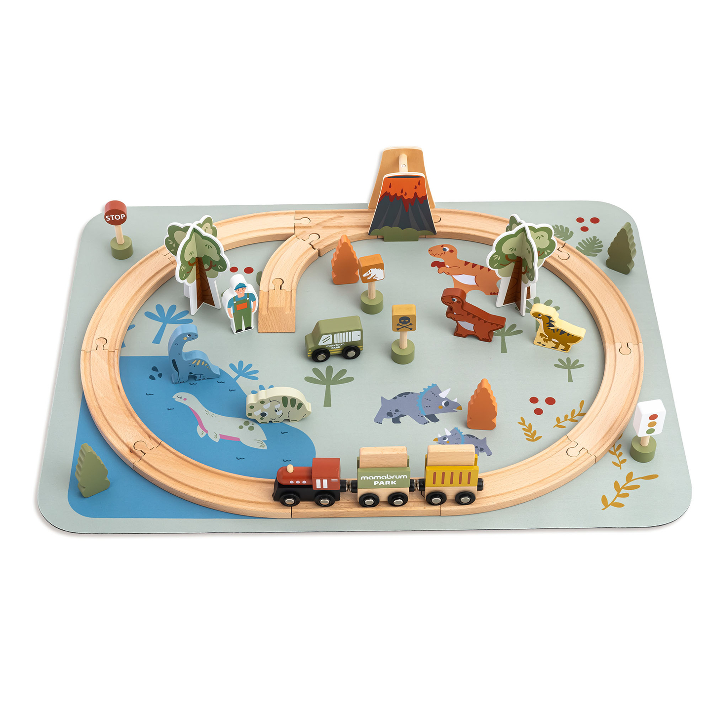 Dino Park puinen juna liukumattomalla matolla - dinosaurukset, juna, raiteet, tulivuori, kello