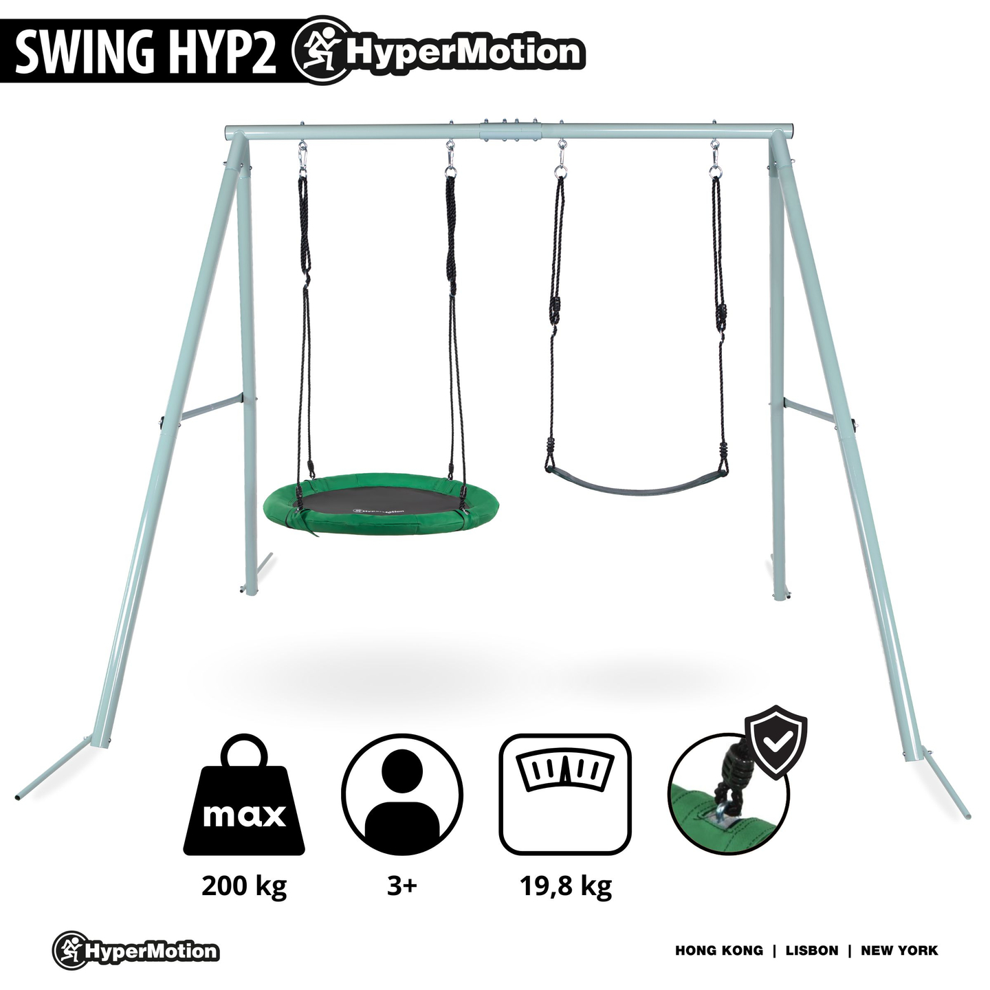 Kaksinkertainen puutarhakeinu rungolla ja köysillä - istuin ja haikarapesä