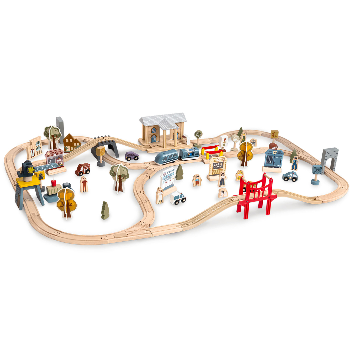 Puinen kaupungin rautatie sähköjunalla - liikkuva nosturi, laiva, sillat