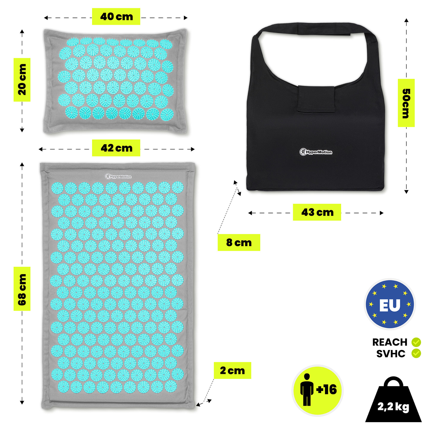 ECO-pellava-akupunktiomatto kookoskuidulla ja tattarityynyllä – 68 cm HyperMotion harmaa-minttu