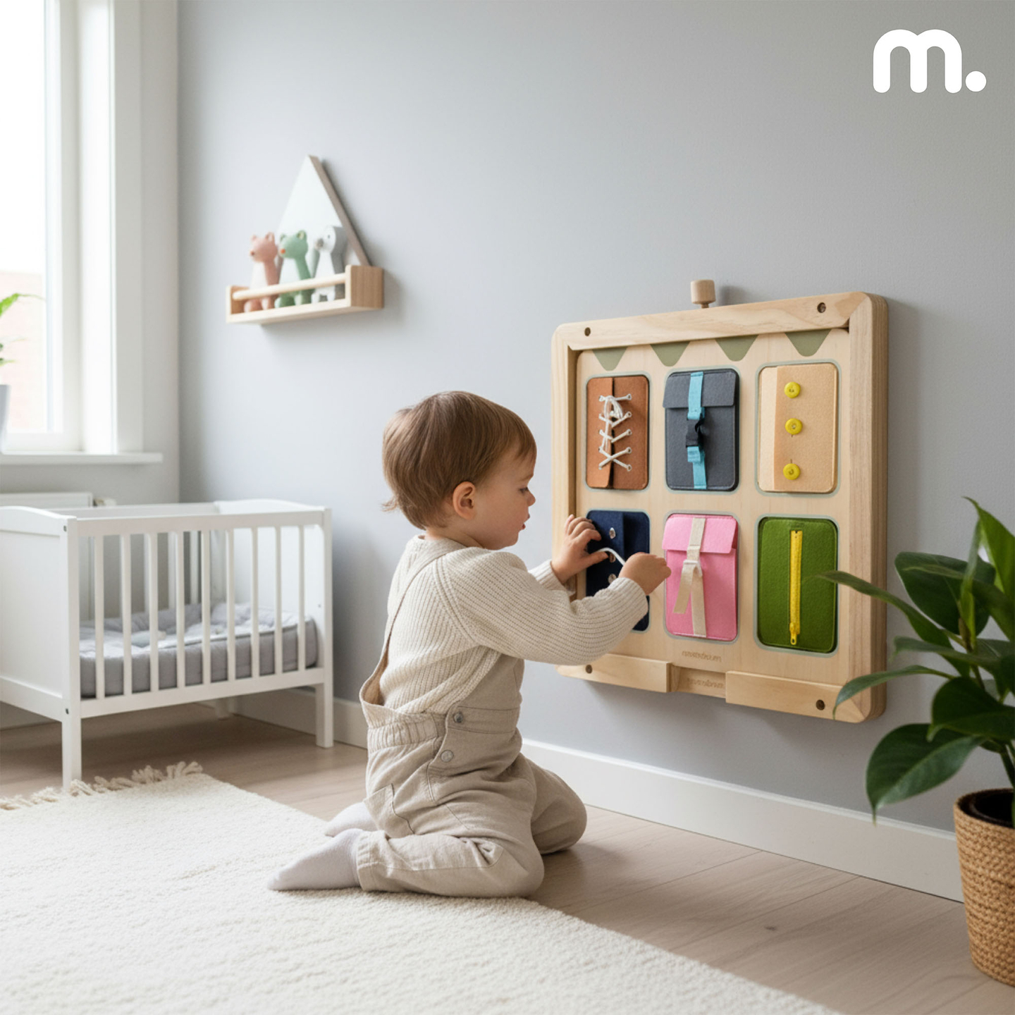 Puinen Montessori-manipulaatiolauta – Aistillinen itsenäisyyden oppiminen - nauhat, soljet, napit, nepparit, vetoketju