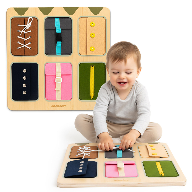 Puinen Montessori-manipulaatiolauta – Aistillinen itsenäisyyden oppiminen - nauhat, soljet, napit, nepparit, vetoketju