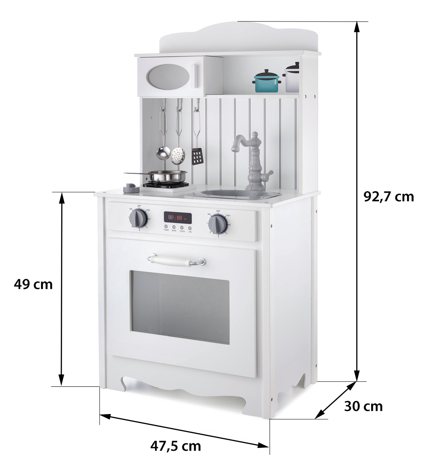 Valkoinen puinen keittiö esiliinalla, tarvikkeilla ja LED-valaisimella varustettuna