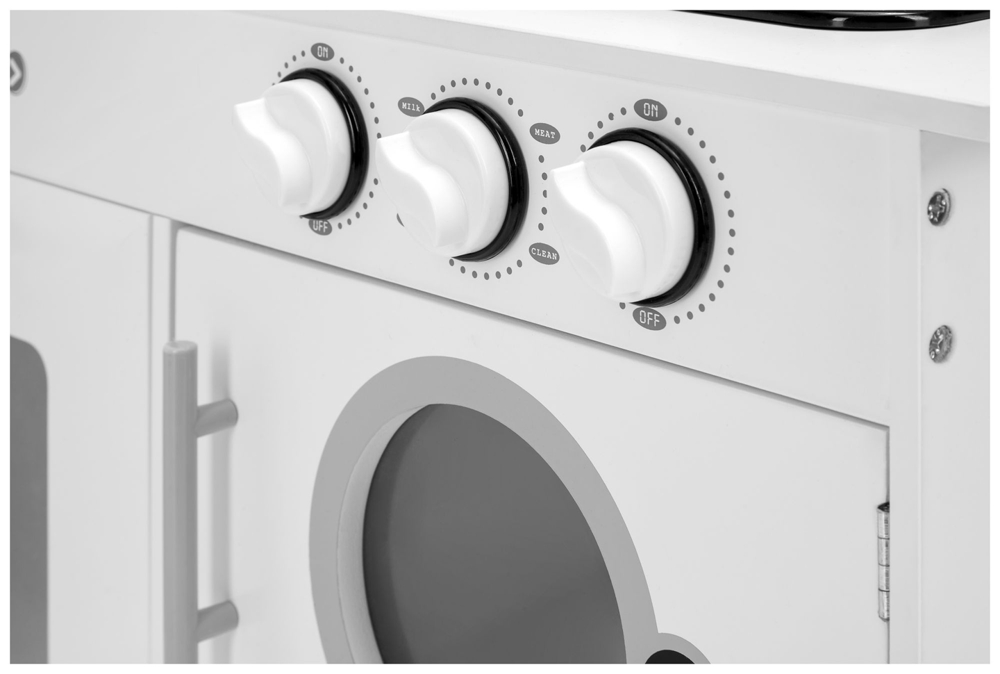 Kulma puinen XXXL-keittiö, jossa on jääkaappi, uuni, pesukone, esiliina ja tarvikkeet