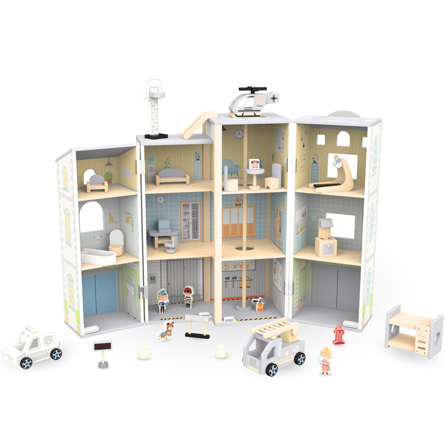 Suuri kokoontaitettava paloasema ja poliisiasema - puinen setti. Paloasema ja poliisiasema tarvikkeineen.