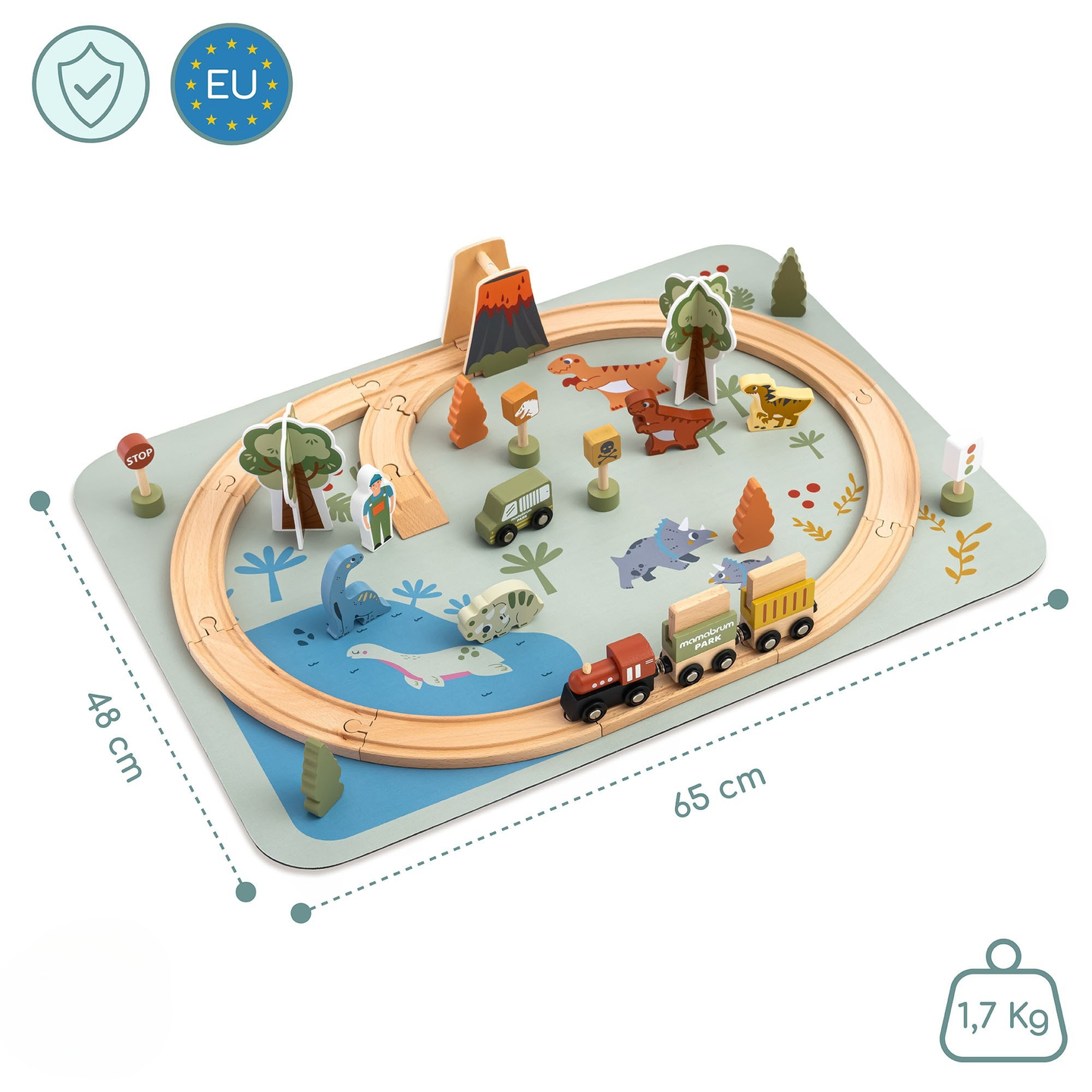 Dino Park puinen juna liukumattomalla matolla - dinosaurukset, juna, raiteet, tulivuori, kello