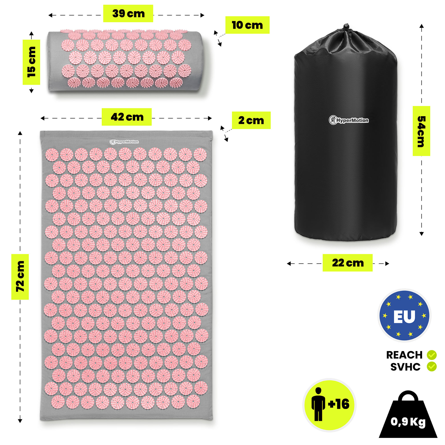 Akupunktiomatto tyynyllä ja päällisellä - 72 cm HyperMotion harmaa ja pinkki