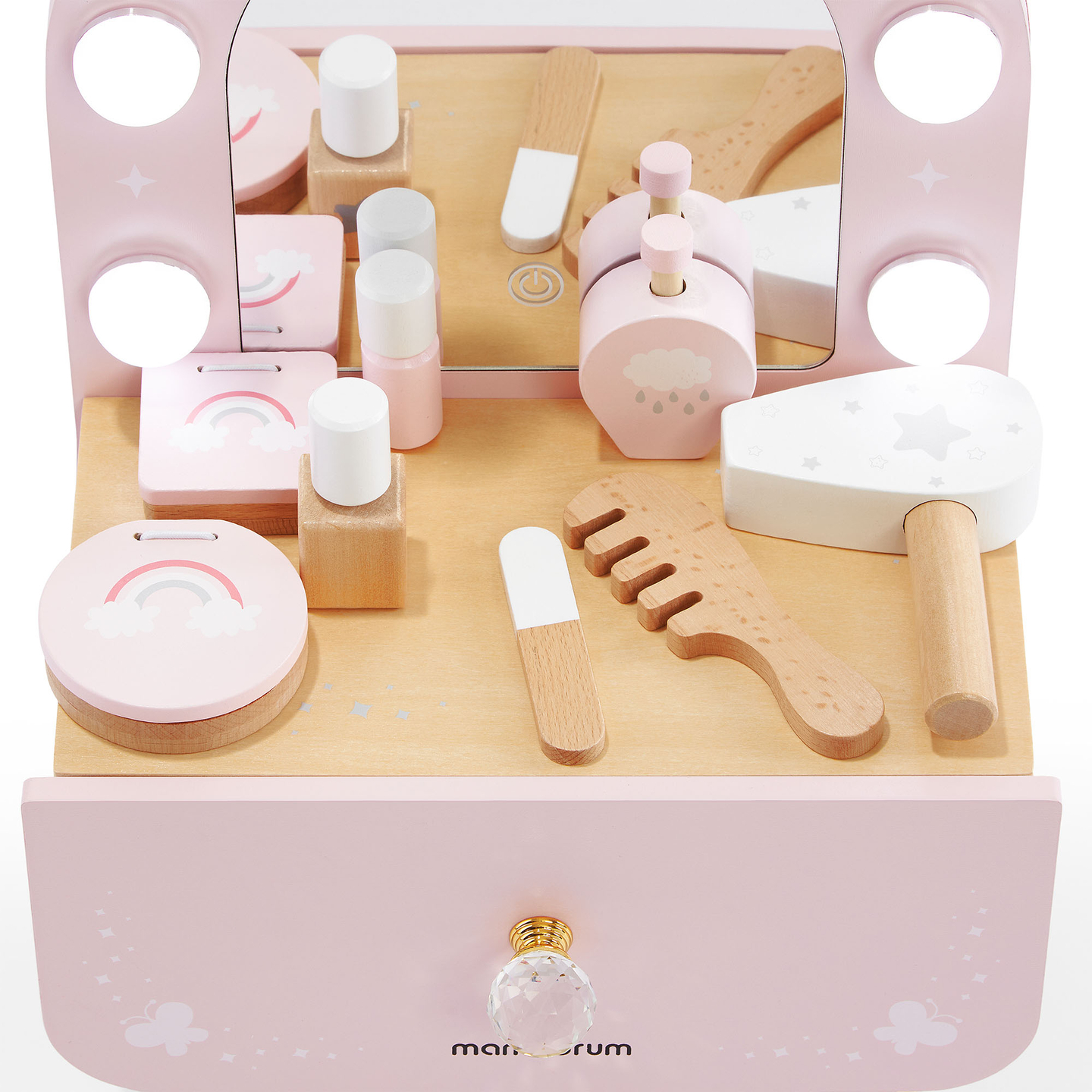 Puinen minimeikkipöytä lapsille, jossa on asusteita ja LED-valaistus, jossa on portaaton kirkkauden säätö