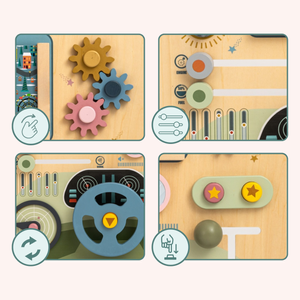 Puinen Montessori-lauta 2-in-1 Ohjaamo pienelle kuljettajalle ja lentäjälle – ohjauspyörä, vaihdekeppi, matkakartat, tutka