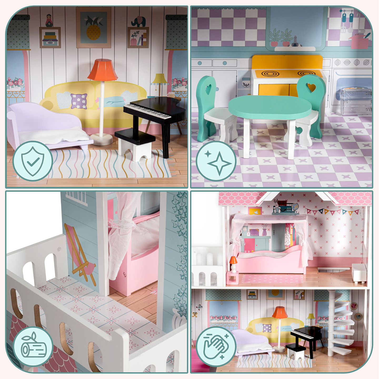 XXL Suurin puinen nukkekoti - 123 cm - LED-valaistu - terassi, tarvikkeet, puutarha