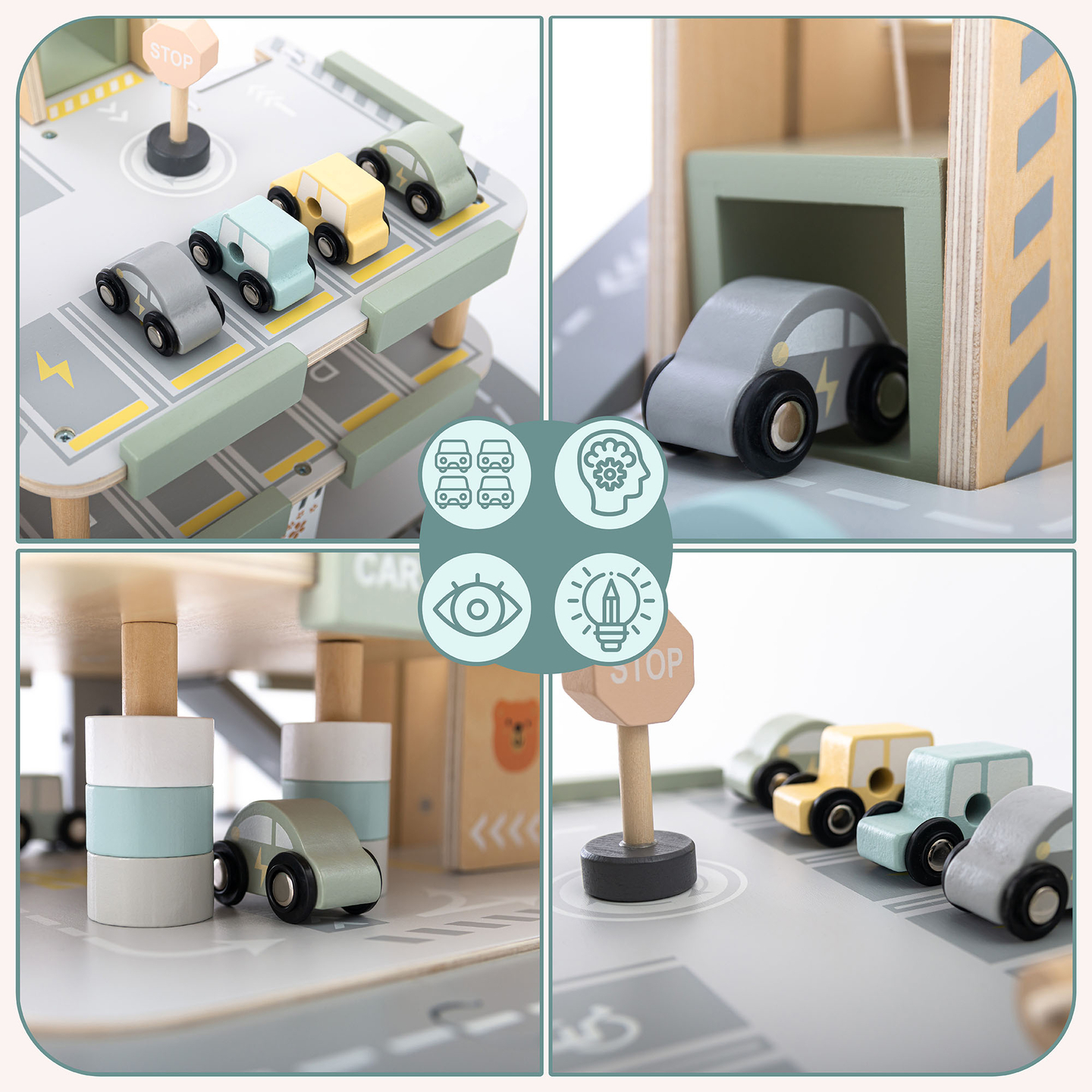 Puinen, kolmikerroksinen lasten autotalli varusteineen – pysäköintialue, huoltoasema, autopesula, helikopteri