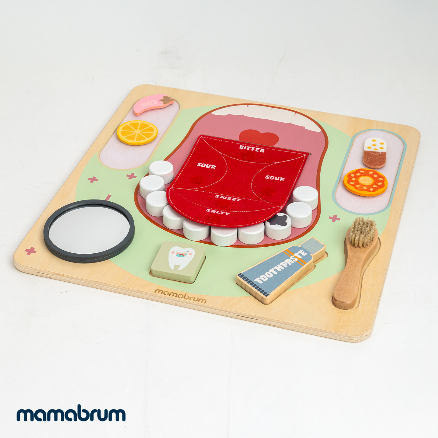 Puinen Montessori-opetuslauta Pieni hammaslääkäri - hammasharja, hammastahna, irrotettavat hampaat, peili, ruoka, makujen oppiminen