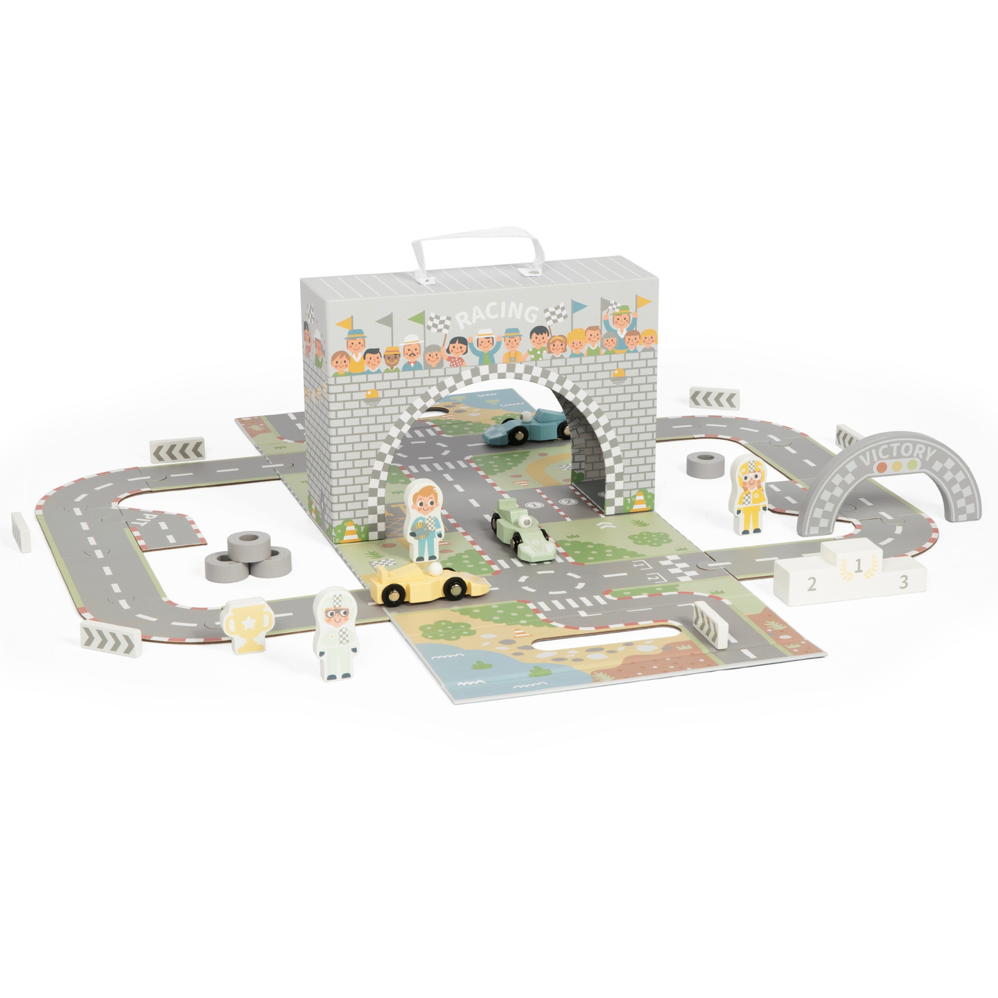 Magneettinen matkalaukku kilparadalla, puisilla ajoneuvoilla ja tietarvikkeilla