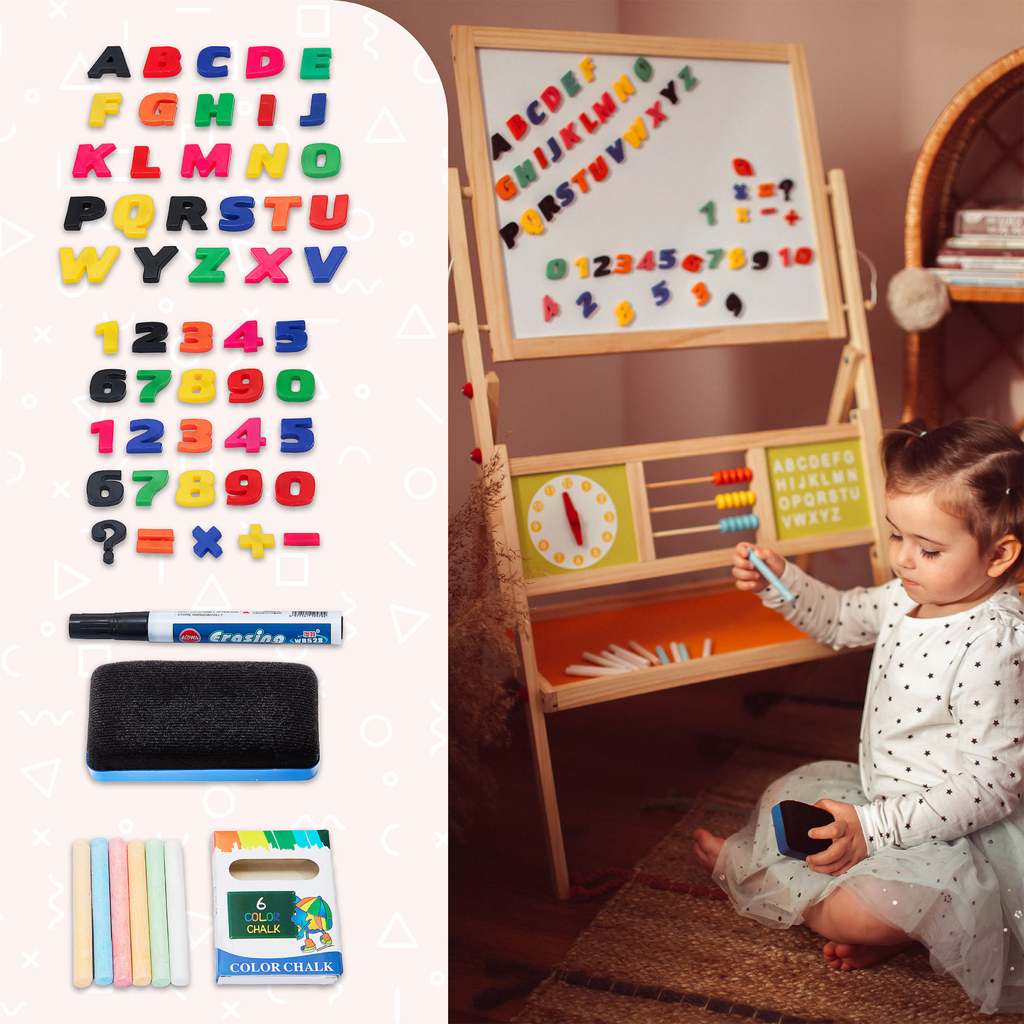 Suuri kaksipuolinen opettavainen taulu: magneettinen ja liitutaulu - kuivapyyhintätaulu, puinen