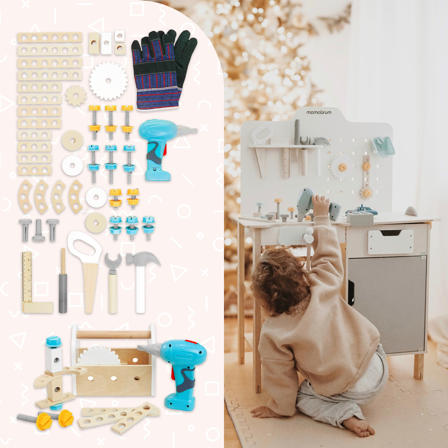 XXL Suuri puinen työpaja työkaluineen - DIY-sarja, 74 elementtiä