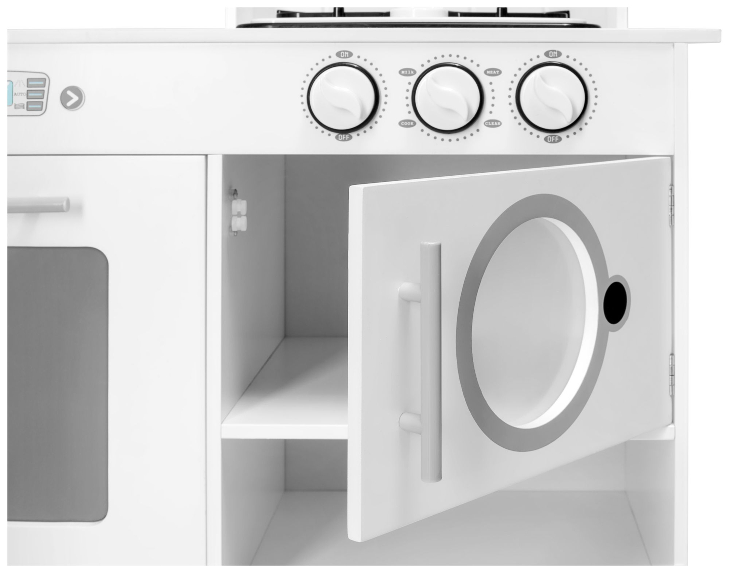 Kulma puinen XXXL-keittiö, jossa on jääkaappi, uuni, pesukone, esiliina ja tarvikkeet