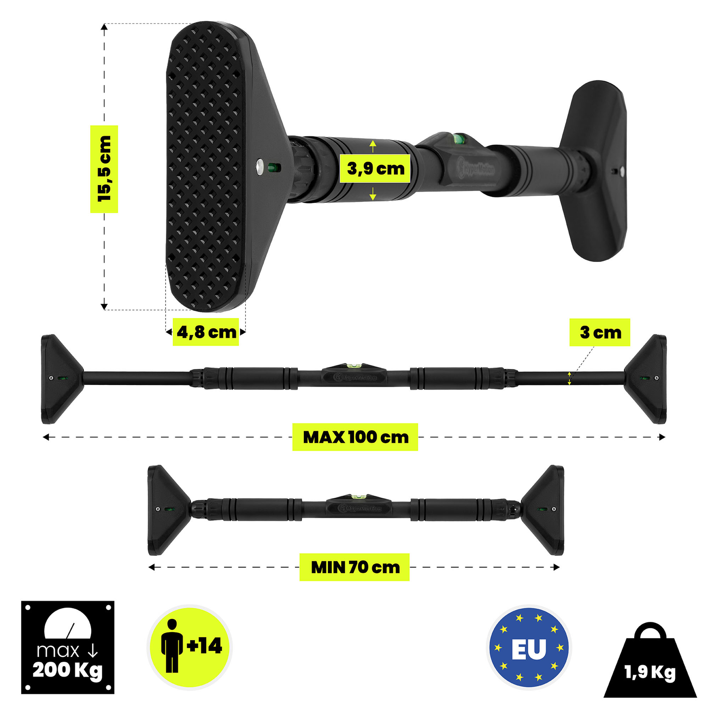 HyperMotion säädettävä leuanvetotanko 70–100 cm, 200 kg, musta