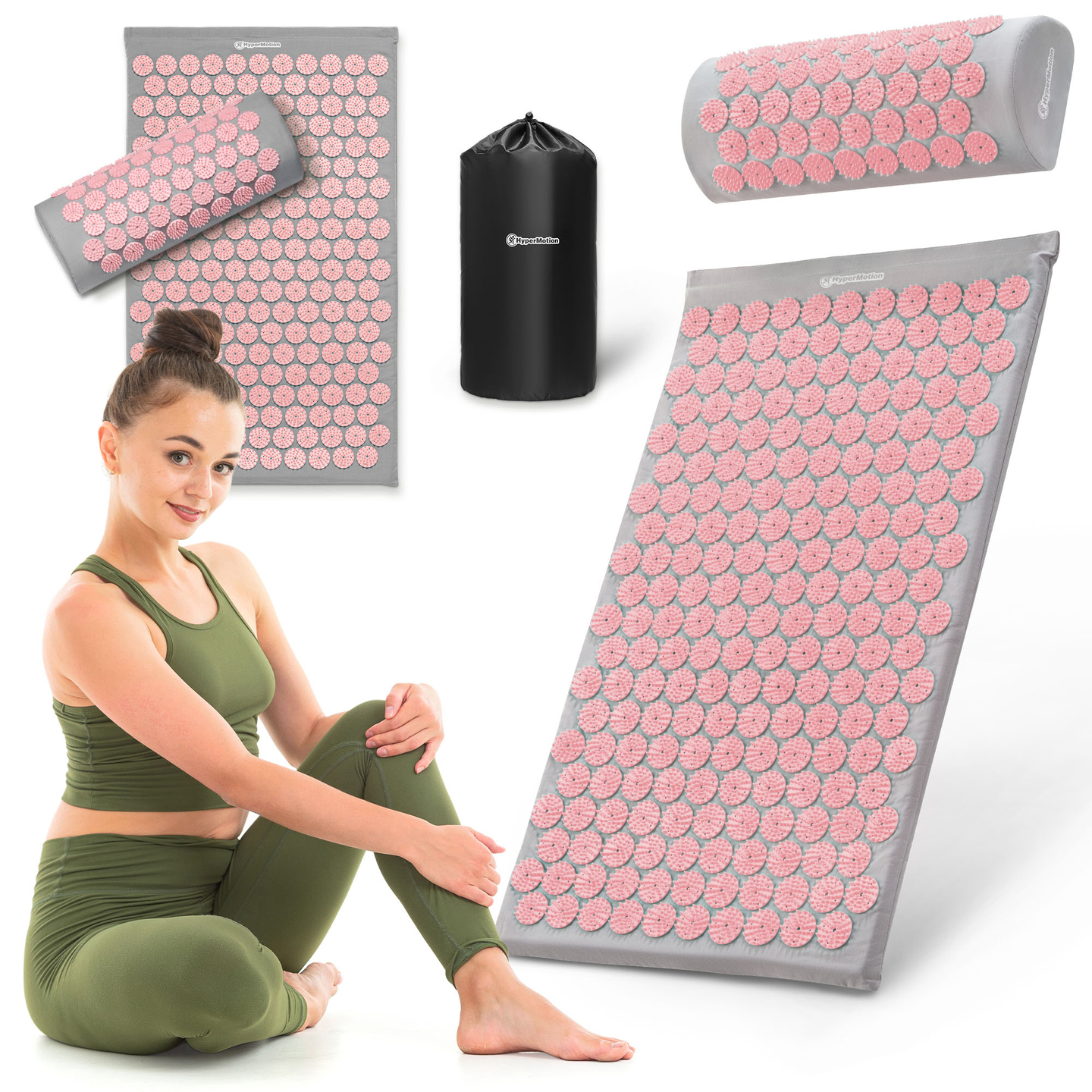 Akupunktiomatto tyynyllä ja päällisellä - 72 cm HyperMotion harmaa ja pinkki
